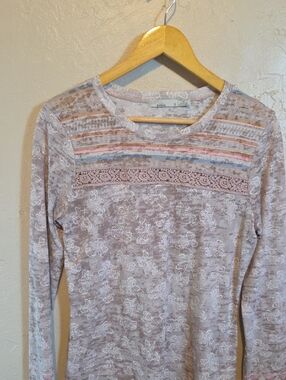 Prana Mauve Lace-Trim Long Sleeve Tee with Pastel Stripes Size Small